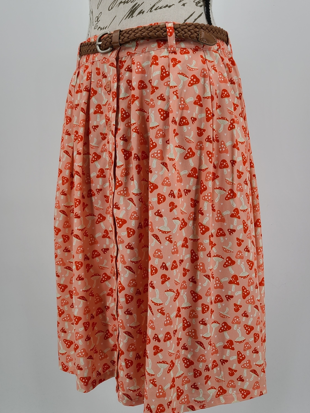 ModCloth Peach Midi Belted Skirt with Red Mushroom Print Size Medium